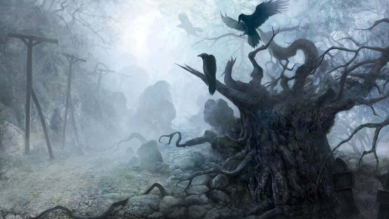 Crows on Dead Tree — Gray, Eerie, Night