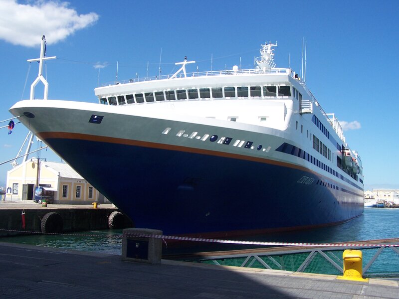 Cruise Ship at Dock — Blue, Calm, Afternoon, Photograph, Building