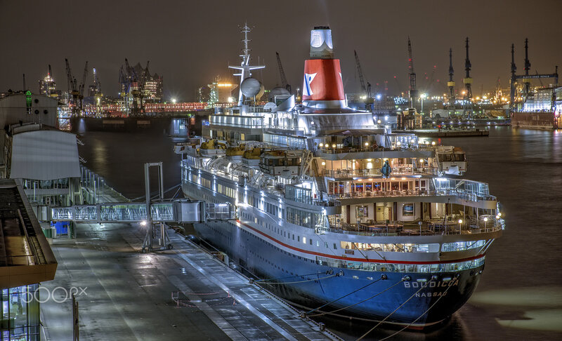Cruise Ship at Dock — Blue, Dramatic, Night, Photograph