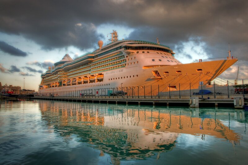 Cruise Ship at Dock — Blue, Dramatic, Sunset, Photograph, Clouds