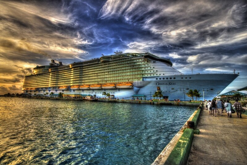 Cruise Ship at Dock — Blue, Dramatic, Sunset, Photograph, People