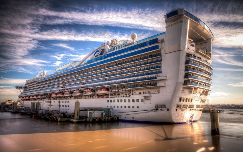 Cruise Ship at Dock — Blue, Dramatic, Sunset, Photograph