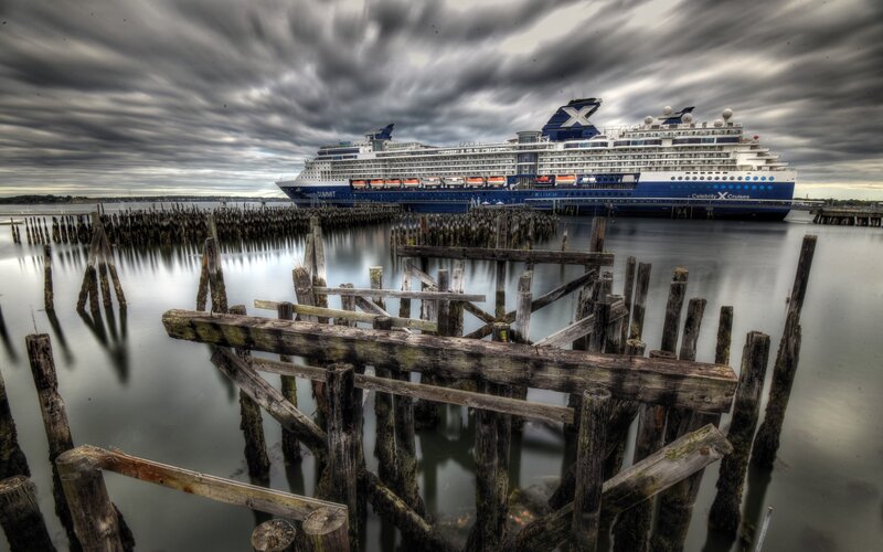 Cruise Ship at Dock — Gray, Dramatic, Photograph