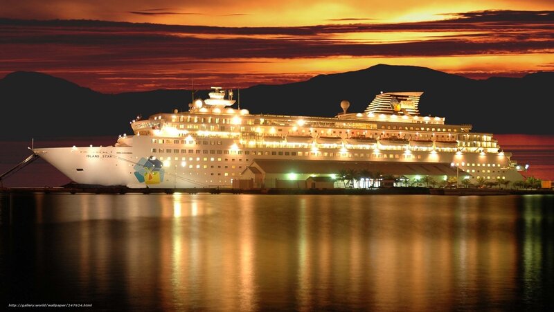 Cruise Ship at Dock — Orange, Dramatic, Sunset, Photograph, Mountains