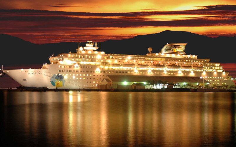 Cruise Ship at Dock — Orange, Dramatic