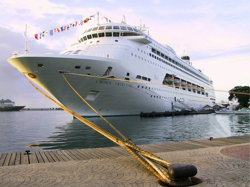 Cruise Ship at Dock — White, Calm, Sunset