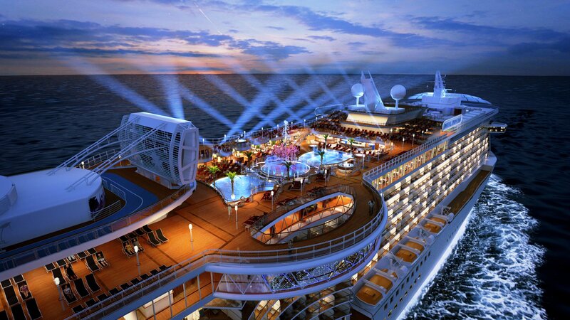 cruise ship at dusk with lights
