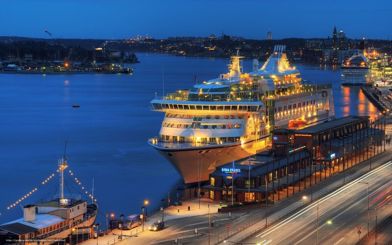 Cruise ship at harbor at dusk
