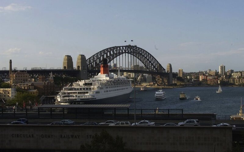 Cruise Ship at Harbor — Blue, Calm