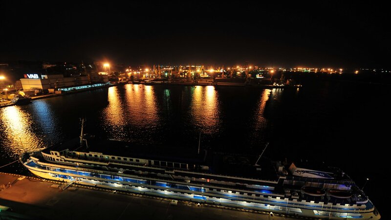 Cruise Ship at Night — Black, Calm, Photograph, Harbor, Buildings