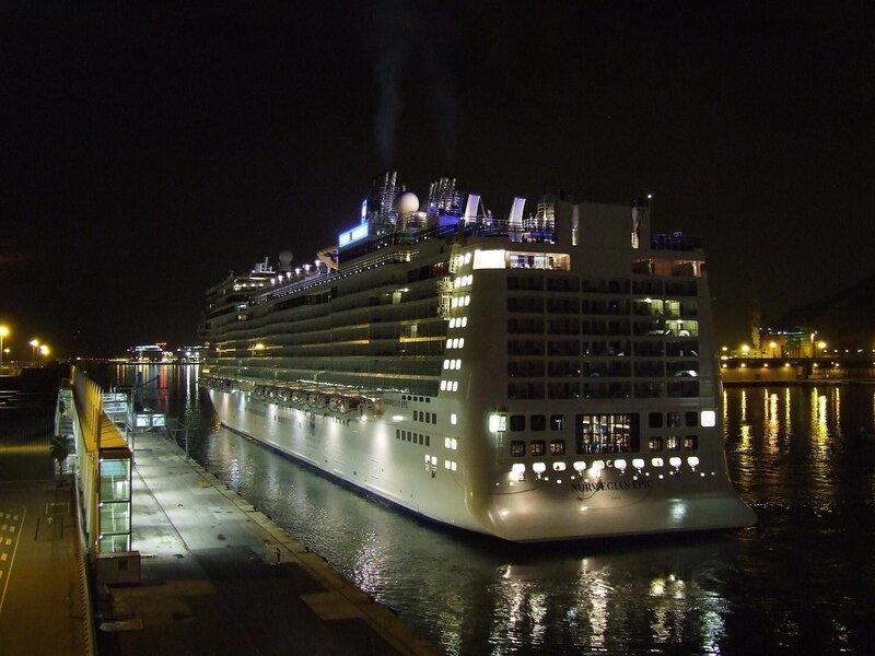 Cruise Ship at Night — Black, Calm, Photograph
