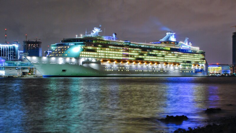 cruise ship at night in port