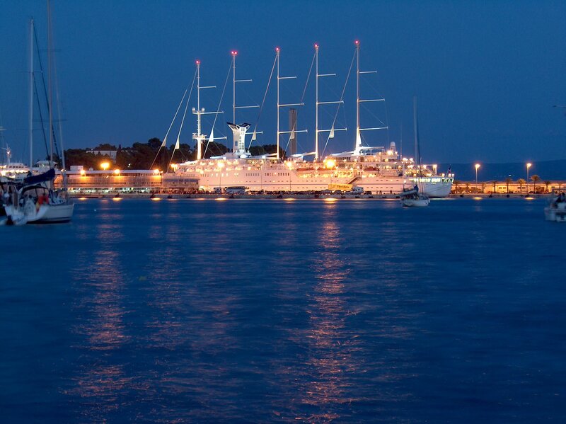 Cruise ship at night in port