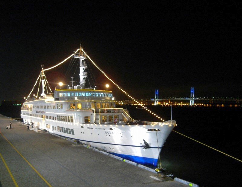 cruise ship at night in port
