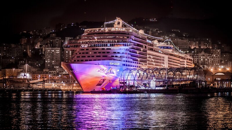 Cruise Ship at Night — Purple, Dramatic, Photograph