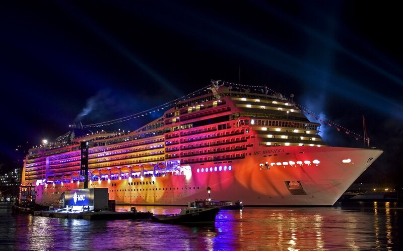 Cruise Ship at Night — Red, Dramatic, Photograph, Lights, Boat