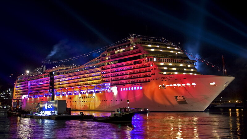 Cruise Ship at Night — Red, Dramatic, Photograph