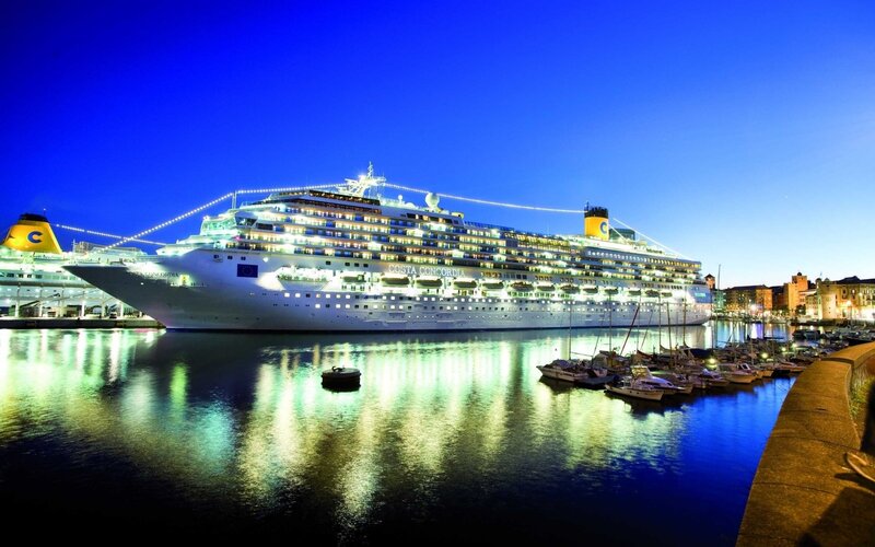 Cruise ship at port at night