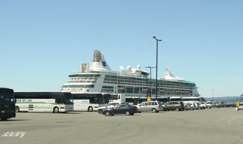 Cruise Ship at Port — Blue, Calm, Afternoon, Photograph, Buses