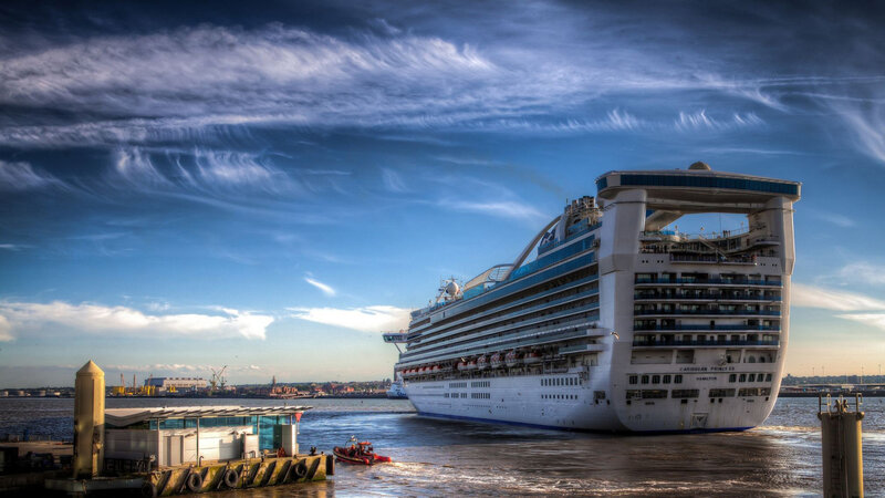 Cruise Ship at Port — Blue, Dramatic, Sunset