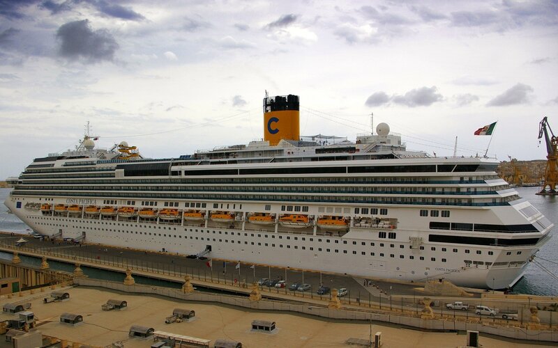 Cruise Ship at Port — White, Calm, Afternoon, Photograph, Flag