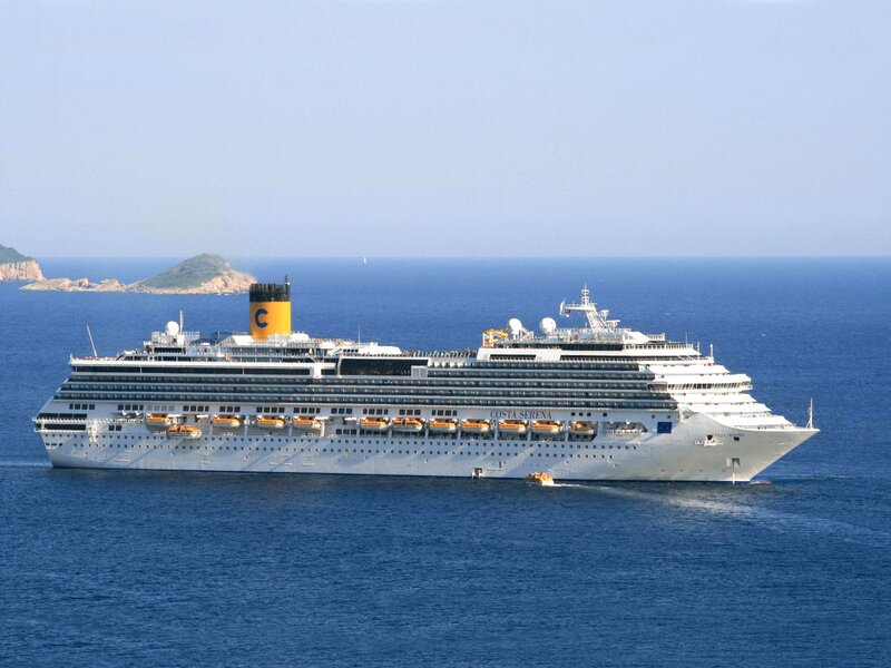 Cruise Ship at Sea — Blue, Serene, Afternoon, Photograph, Ocean, Island