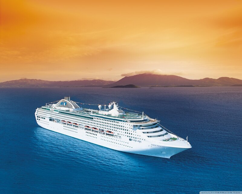 Cruise Ship at Sea — Blue, Serene, Sunset, Photograph, Ocean, Mountains