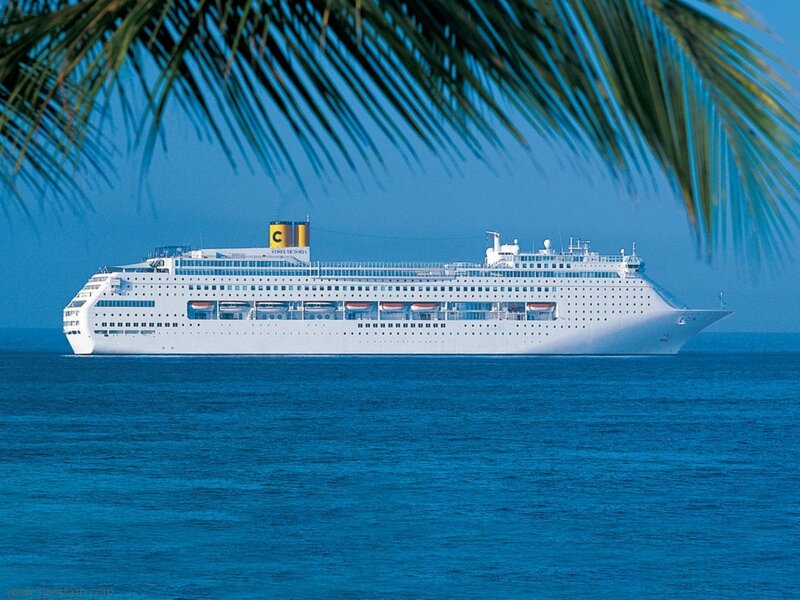 Cruise ship at sea with palm fronds