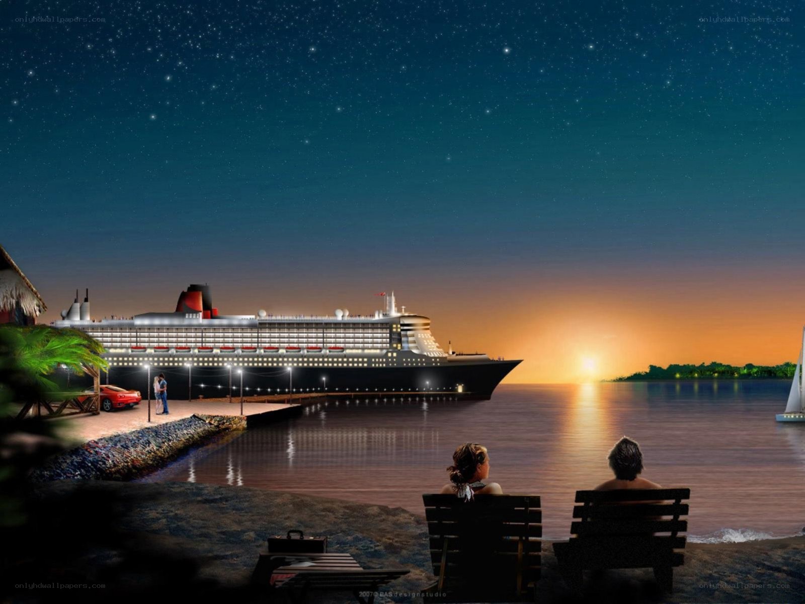 Cruise ship at sunset