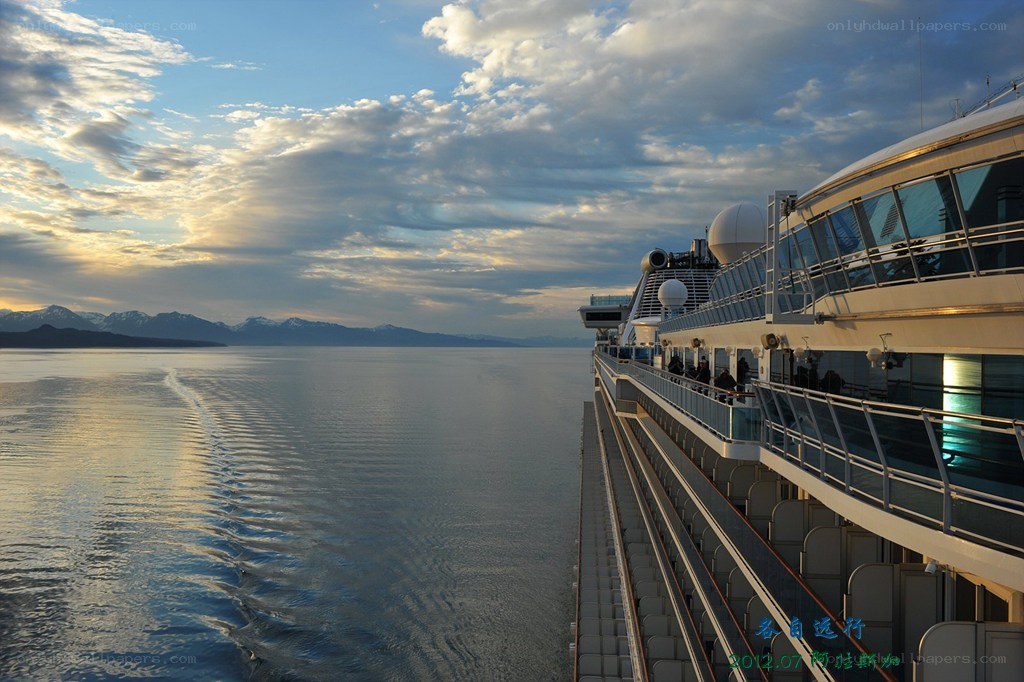 Cruise ship at sunset in Alaska