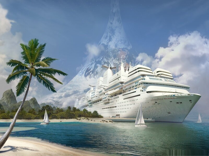 Cruise Ship at Tropical Beach — Blue, Serene, Afternoon, Digital Art, Palm Tree