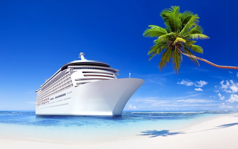 Cruise Ship at Tropical Beach — Blue, Serene, Afternoon, Photograph, Palm Tree