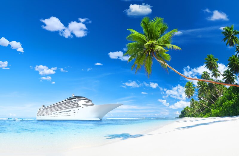 Cruise Ship at Tropical Beach — Blue, Serene, Afternoon, Photograph