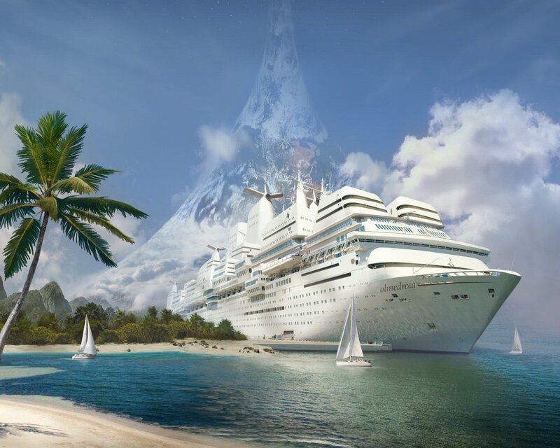 Cruise Ship at Tropical Beach — Blue, Serene