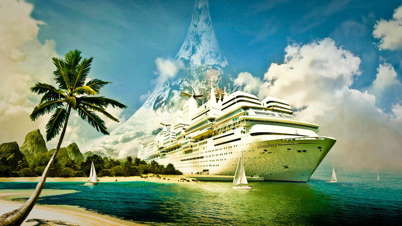 Cruise Ship at Tropical Beach — Blue