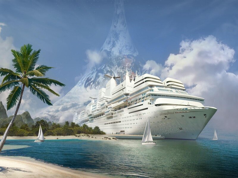 Cruise ship at tropical island