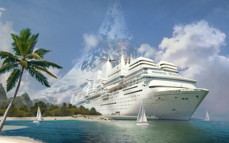 Cruise Ship at Tropical Island — Blue, Serene, Afternoon