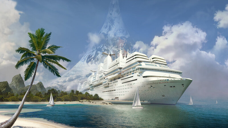 Cruise Ship at Tropical Island — Blue, Serene