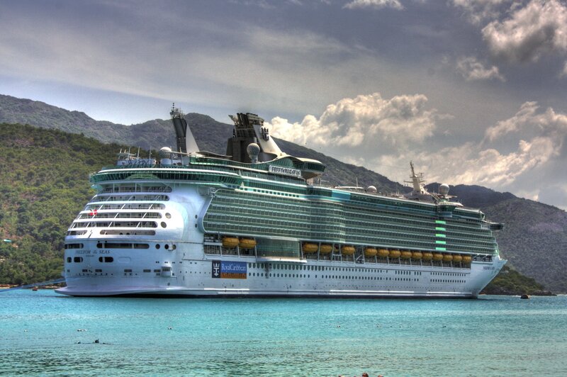 Cruise ship in a tropical harbor