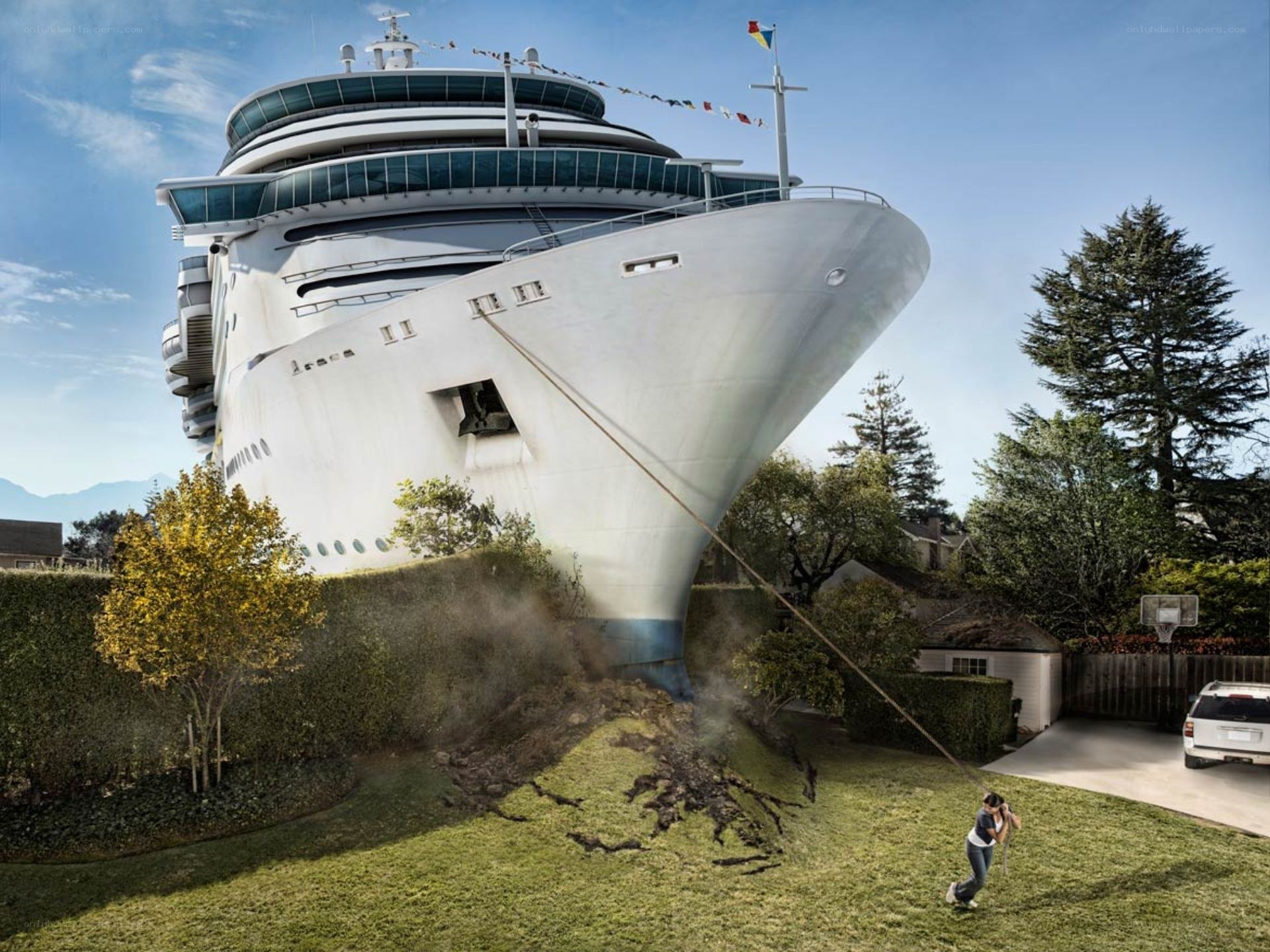 Cruise ship in backyard