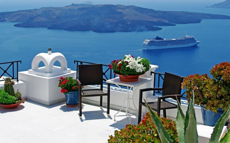 Cruise Ship in Bay — Blue, Serene, Afternoon, Photograph, Chairs, Table