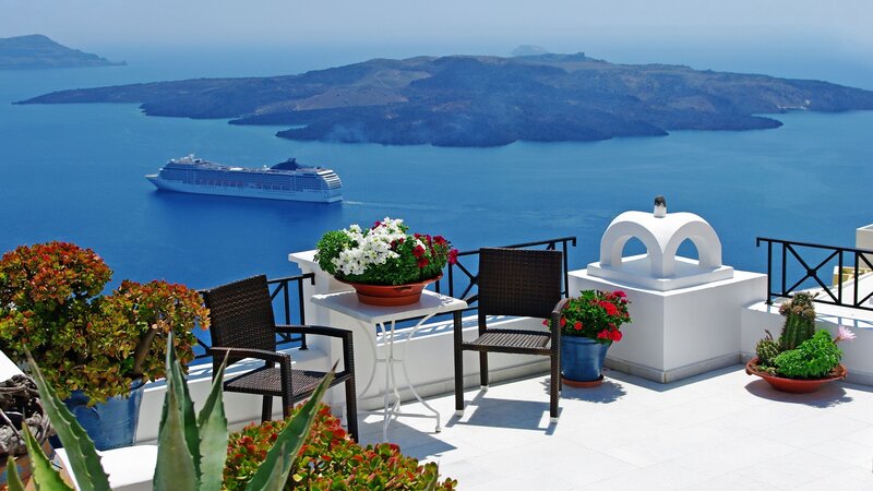 Cruise Ship in Bay — Blue, Serene, Afternoon, Photograph, Chairs
