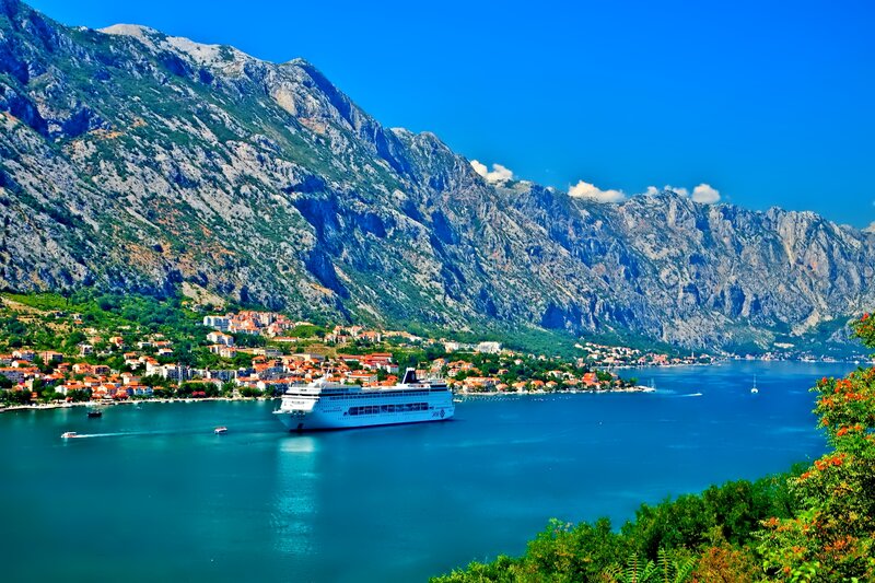Cruise Ship in Bay — Blue, Serene, Afternoon, Photograph, Mountains