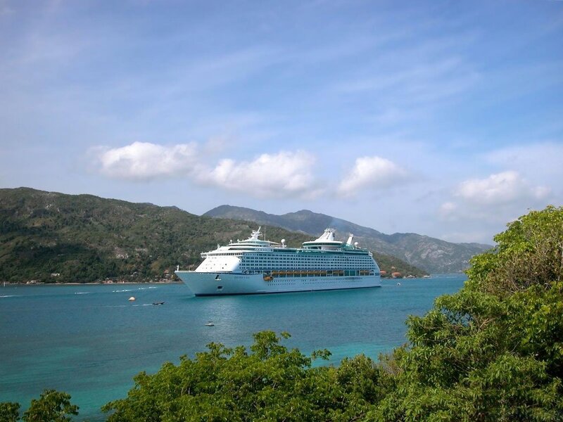 Cruise Ship in Bay — Blue, Serene, Afternoon, Photograph, Mountains, Trees