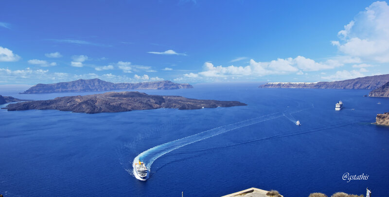 Cruise Ship in Caldera — Blue, Serene, Afternoon, Photograph