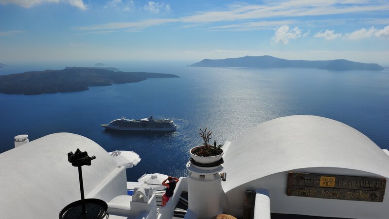 Cruise Ship in Caldera — Blue, Serene, Afternoon, Photograph, White Domes
