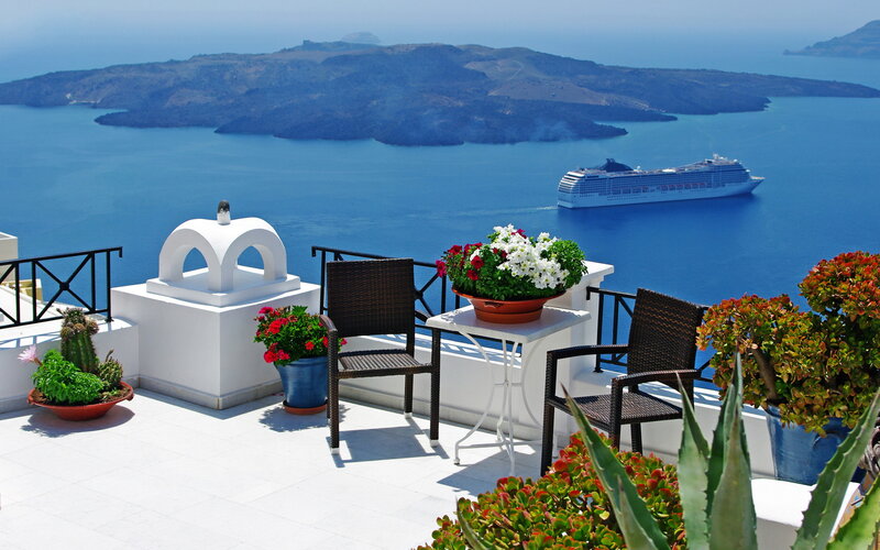 Cruise Ship in Caldera — Blue, Serene, Afternoon