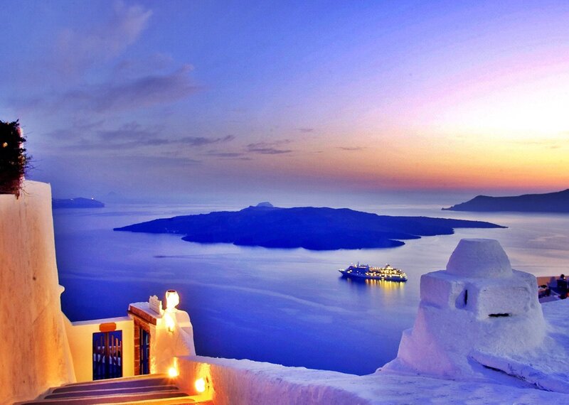Cruise Ship in Caldera — Blue, Serene, Sunset