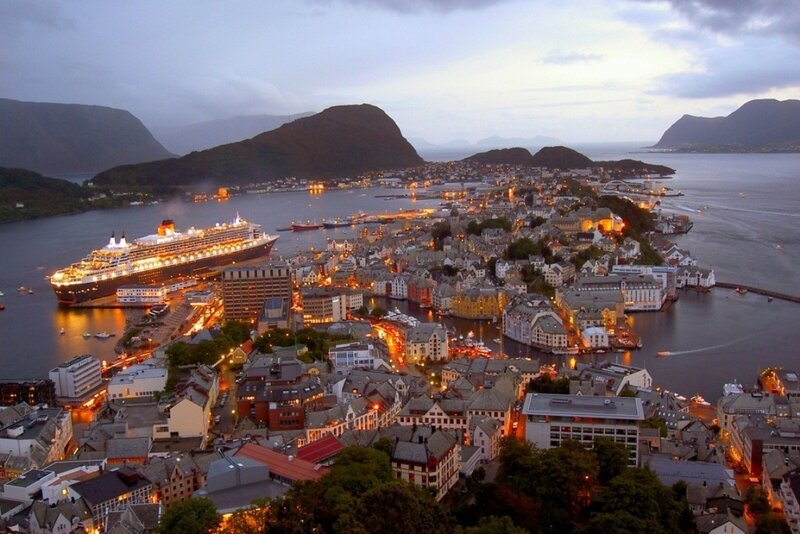 cruise ship in coastal town