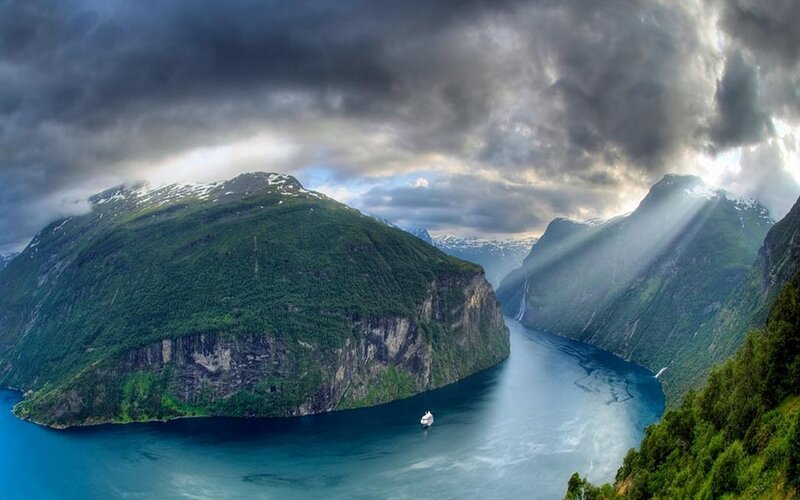 Cruise Ship in Fjord — Blue, Dramatic, Photograph